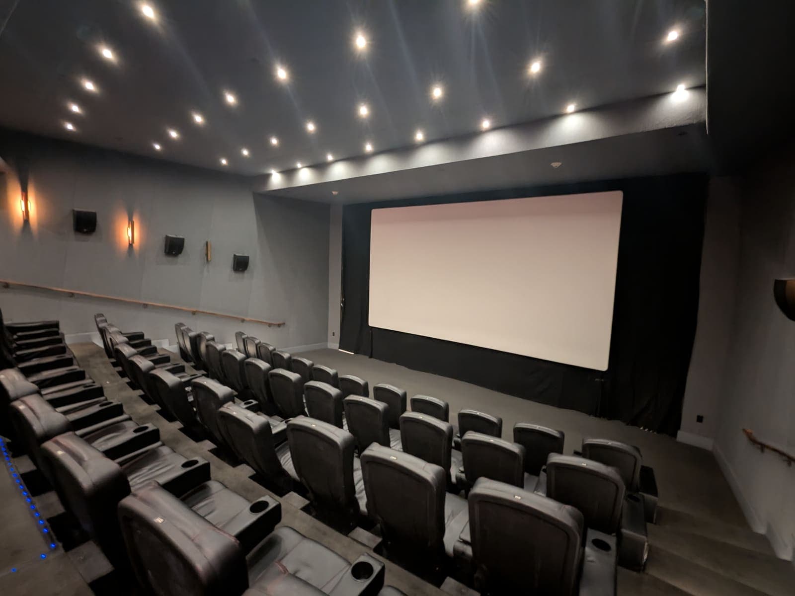 A private home theatre with rows of leather recliner seating, a wide projection screen, and a starfield ceiling.